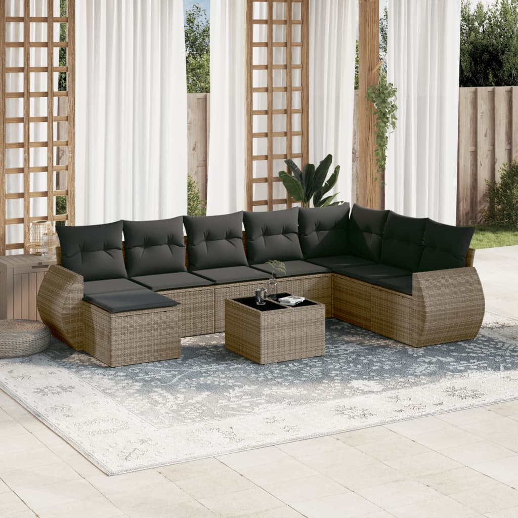 vidaXL Set canapele de grădină, 9 piese, cu perne, gri, poliratan vidaXL Set canapele de grădină, 9 piese, cu perne, gri, poliratan