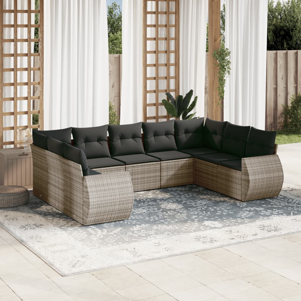 vidaXL Set canapele de grădină, 9 piese, cu perne, gri, poliratan vidaXL Set canapele de grădină, 9 piese, cu perne, gri, poliratan