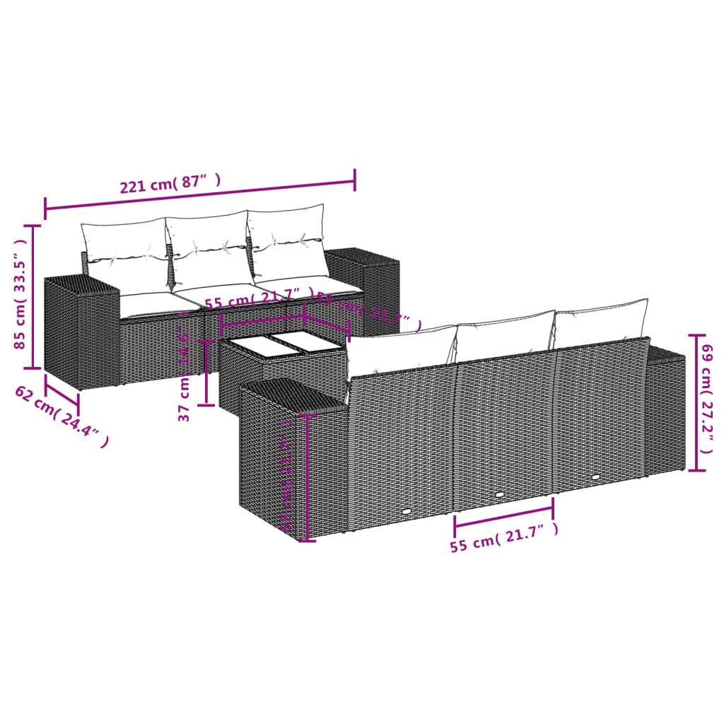 vidaXL Set canapele de grădină cu perne, 7 piese, negru, poliratan
