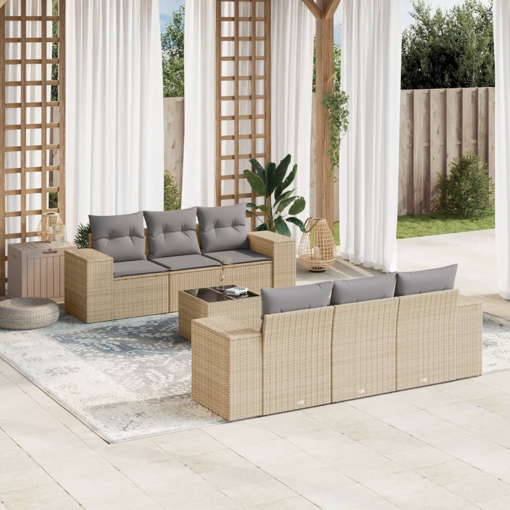 vidaXL Set canapele de grădină, 7 piese, cu perne, bej, poliratan vidaXL Set canapele de grădină, 7 piese, cu perne, bej, poliratan