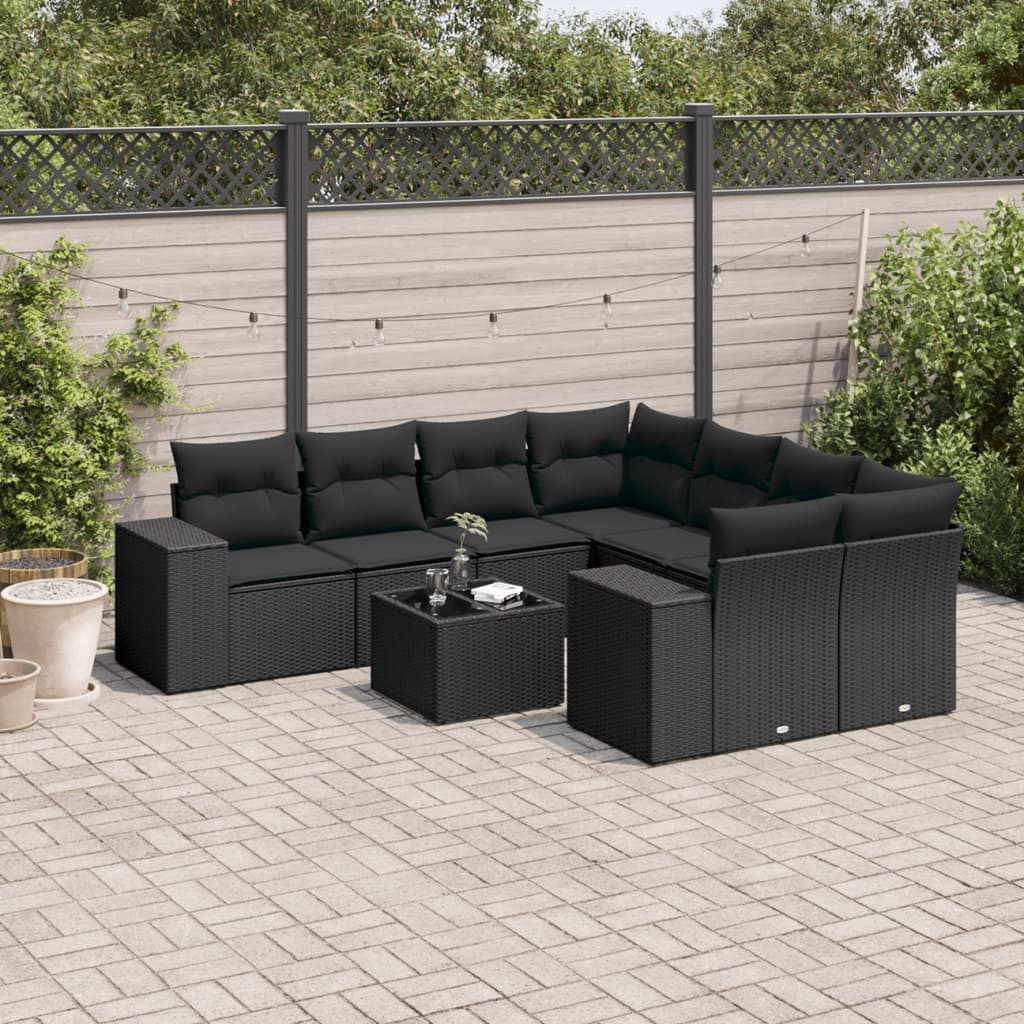 vidaXL Set mobilier de grădină cu perne, 9 piese, negru, poliratan vidaXL Set mobilier de grădină cu perne, 9 piese, negru, poliratan