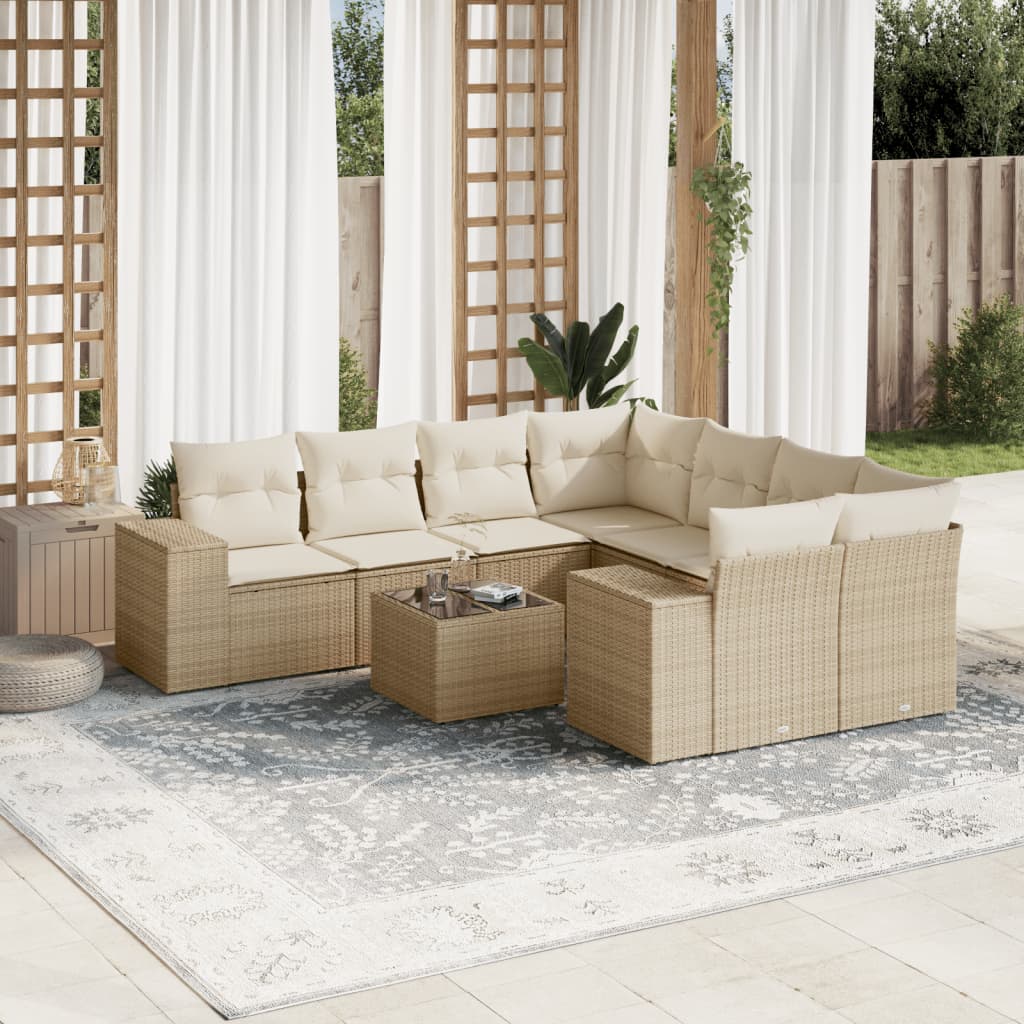 vidaXL Set canapele de grădină, 9 piese, cu perne, bej, poliratan vidaXL Set canapele de grădină, 9 piese, cu perne, bej, poliratan
