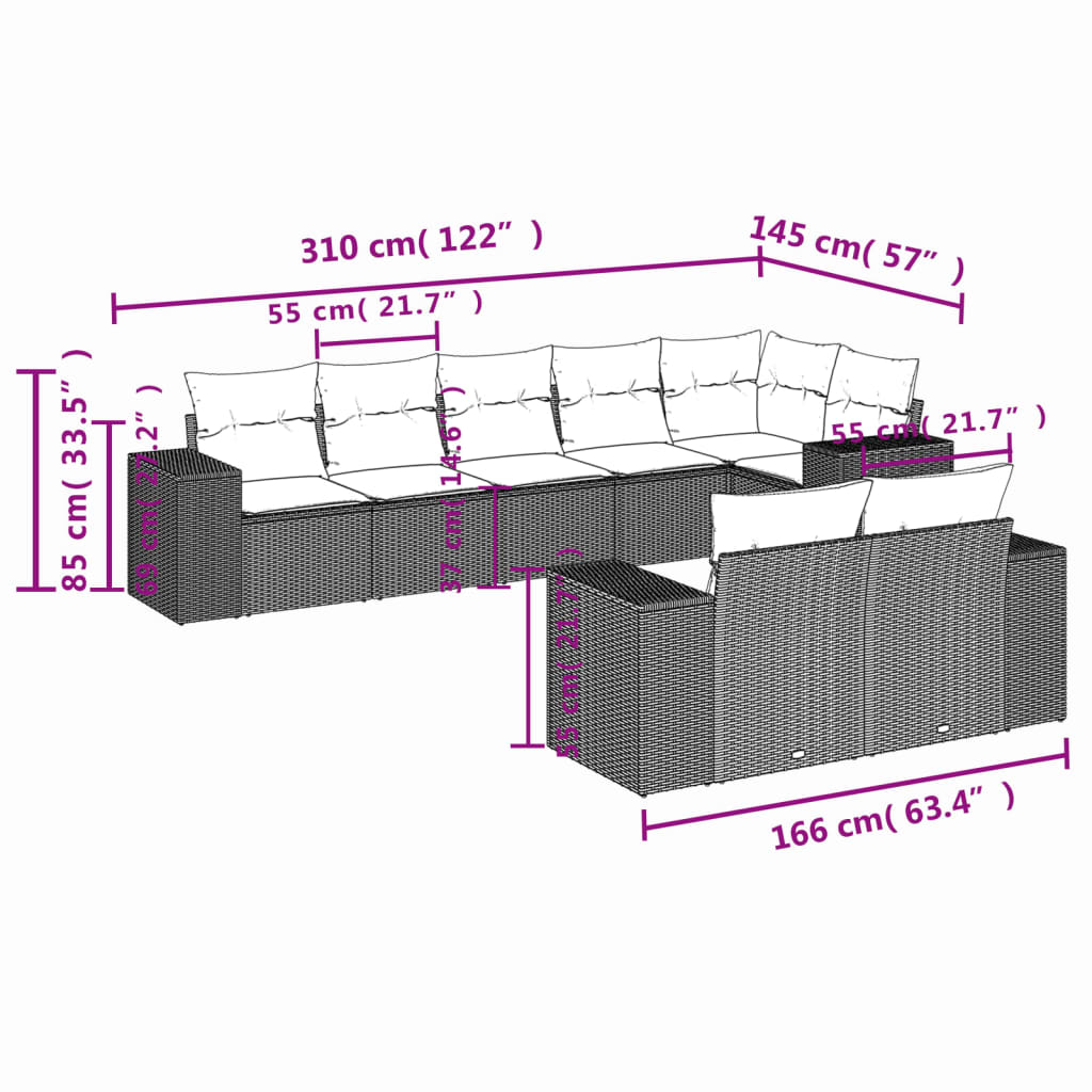 vidaXL Set mobilier de grădină cu perne, 8 piese, negru, poliratan