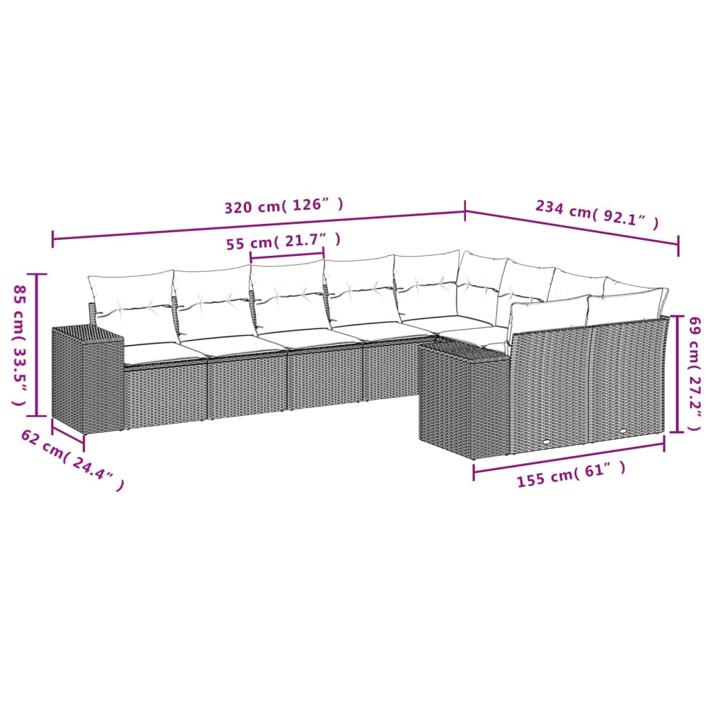 vidaXL Set mobilier de grădină cu perne, 9 piese, negru, poliratan