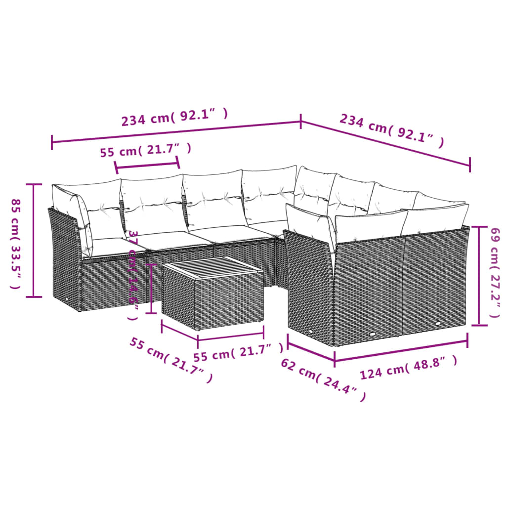 vidaXL Set mobilier de grădină cu perne, 9 piese, negru, poliratan