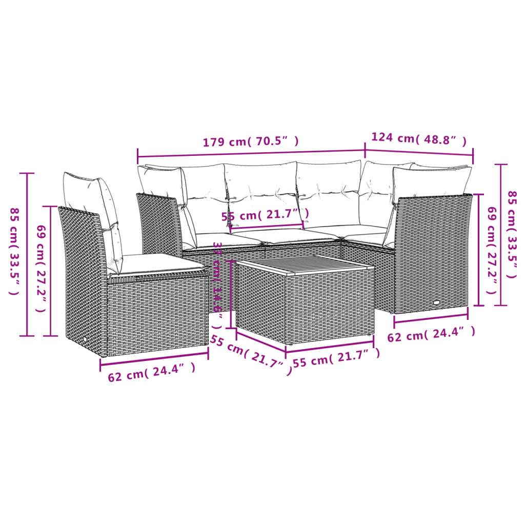 vidaXL Set mobilier grădină cu perne, 6 piese, gri, poliratan