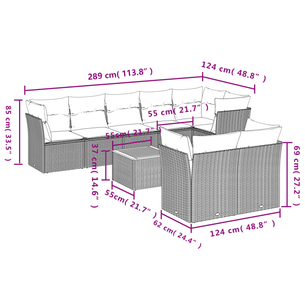 vidaXL Set mobilier de grădină cu perne, 9 piese, negru, poliratan