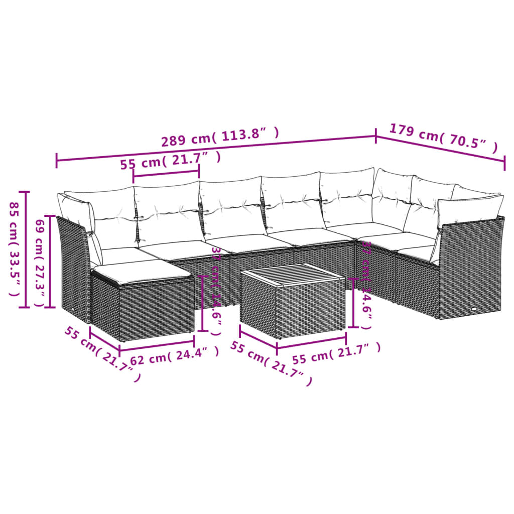 vidaXL Set mobilier de grădină cu perne, 9 piese, negru, poliratan