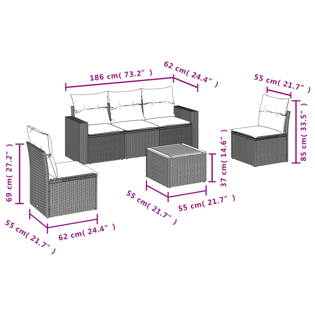 vidaXL Set mobilier grădină cu perne, 6 piese, gri, poliratan
