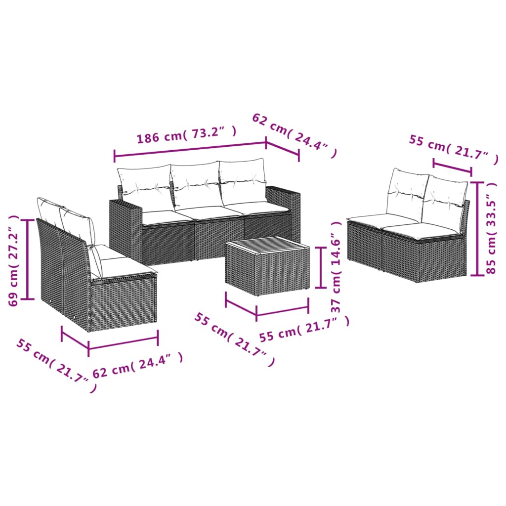 vidaXL Set mobilier de grădină cu perne, 8 piese, negru, poliratan