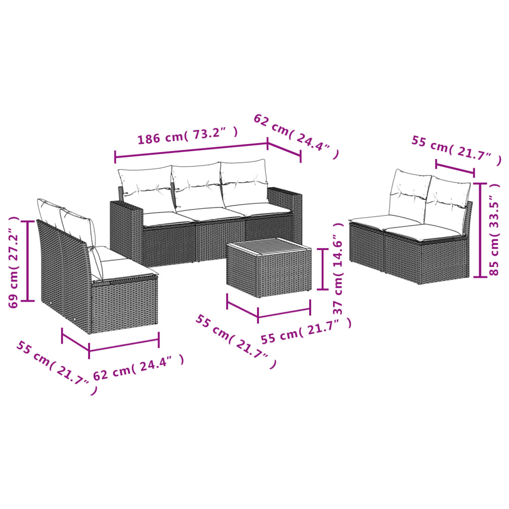 vidaXL Set mobilier de grădină cu perne, 8 piese, negru, poliratan