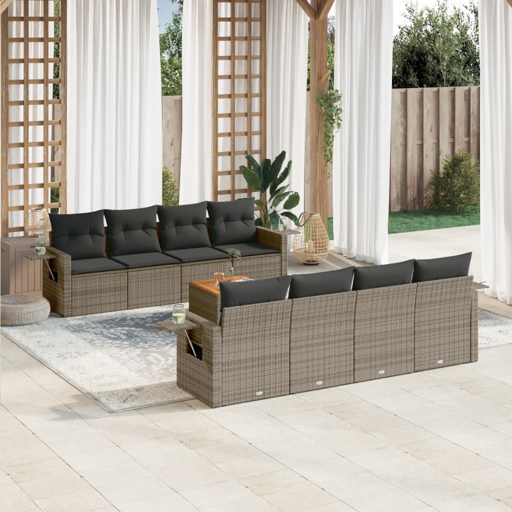vidaXL Set canapele de grădină, 9 piese, cu perne, gri, poliratan vidaXL Set canapele de grădină, 9 piese, cu perne, gri, poliratan