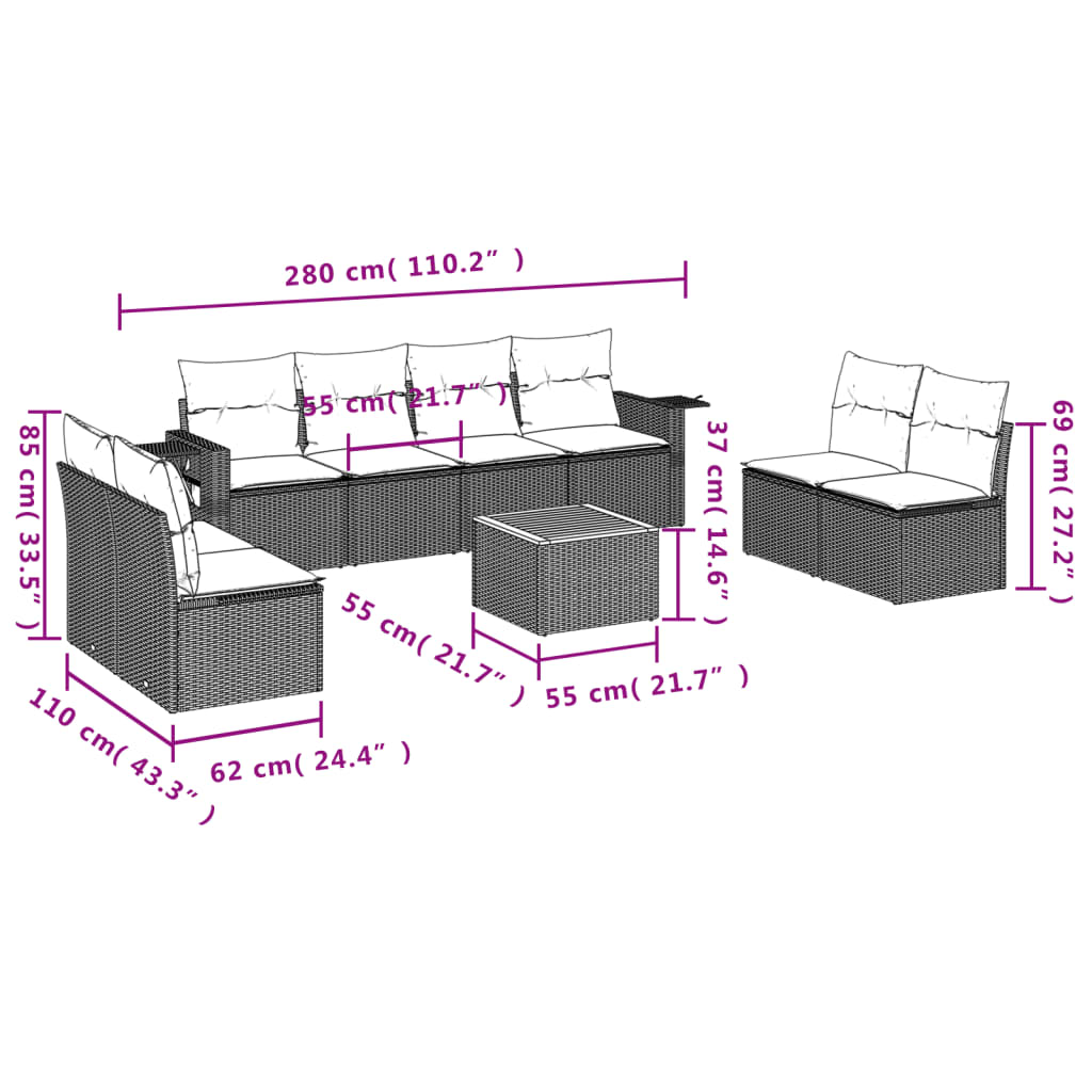 vidaXL Set mobilier de grădină cu perne, 9 piese, negru, poliratan vidaXL Set mobilier de grădină cu perne, 9 piese, negru, poliratan