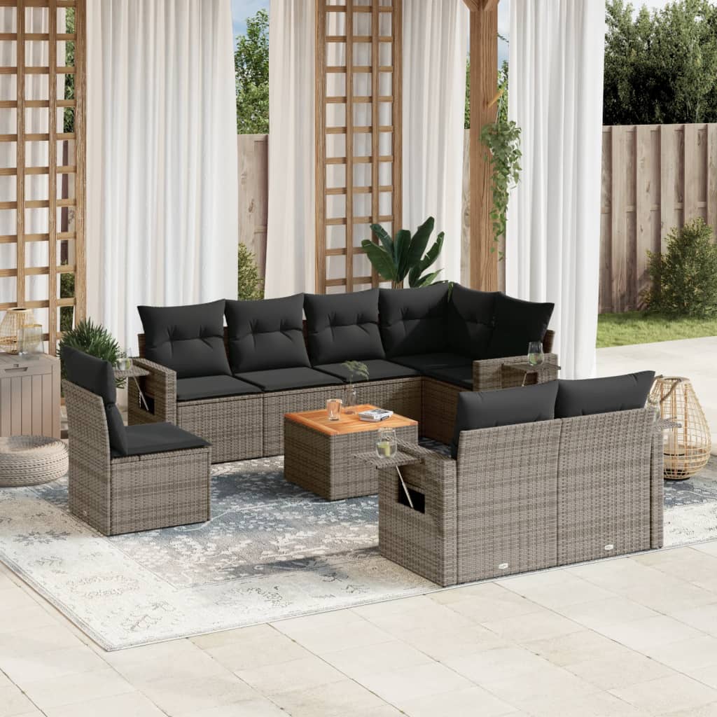 vidaXL Set canapele de grădină, 9 piese, cu perne, gri, poliratan vidaXL Set canapele de grădină, 9 piese, cu perne, gri, poliratan