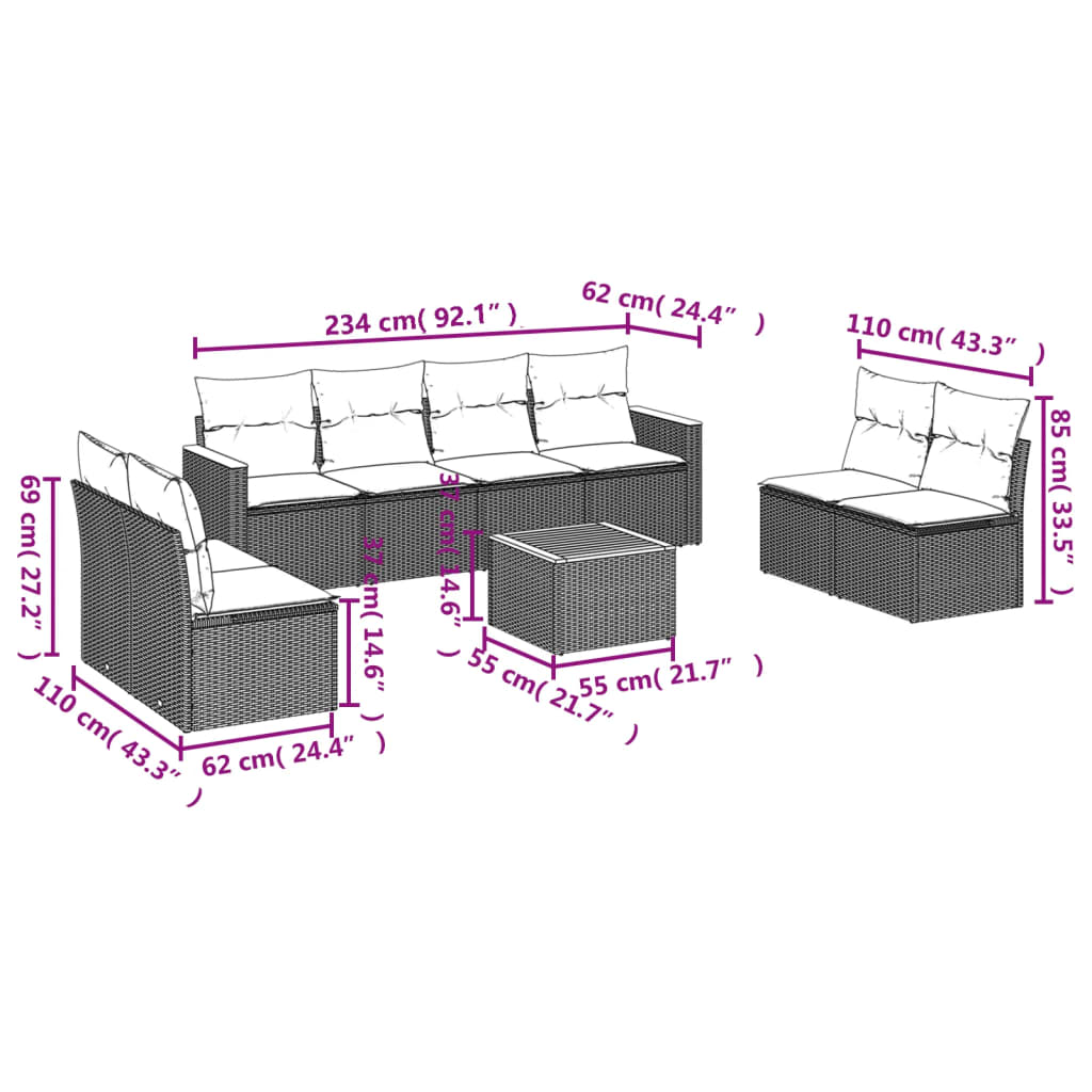 vidaXL Set mobilier de grădină cu perne, 9 piese, negru, poliratan