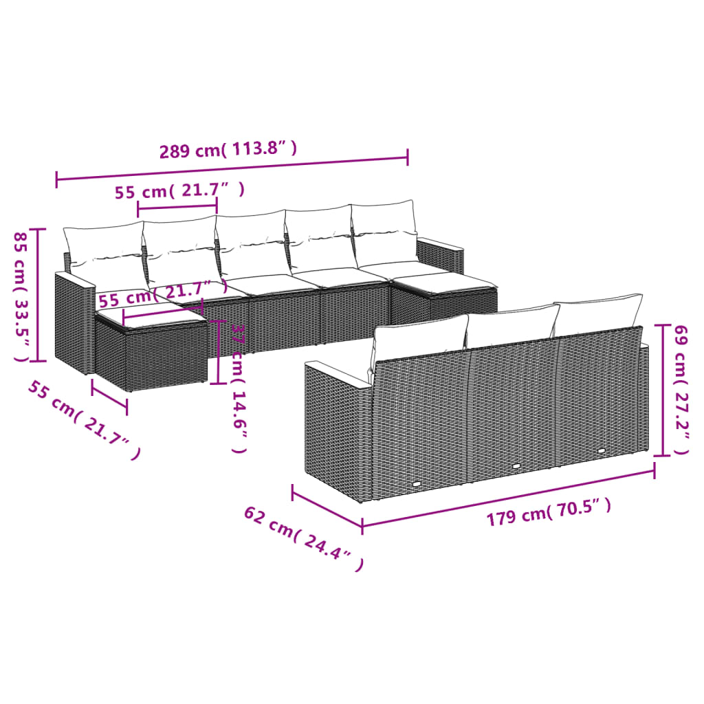 vidaXL Set canapele de grădină cu perne, 10 piese, negru, poliratan
