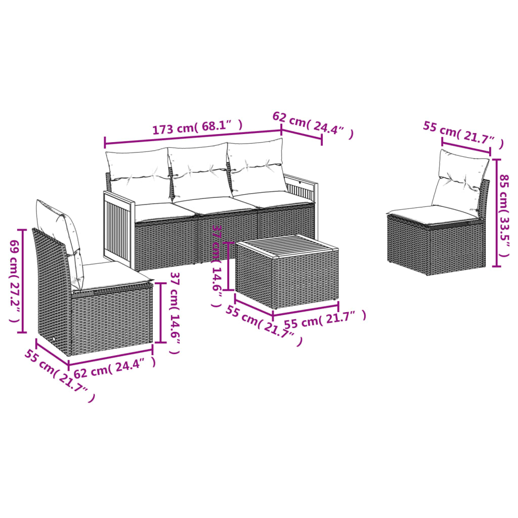 vidaXL Set mobilier grădină cu perne, 6 piese, gri, poliratan vidaXL Set mobilier grădină cu perne, 6 piese, gri, poliratan
