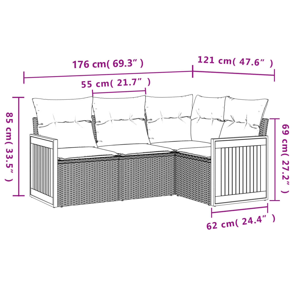 vidaXL Set canapea de grădină cu perne, 4 piese, gri, poliratan vidaXL Set canapea de grădină cu perne, 4 piese, gri, poliratan