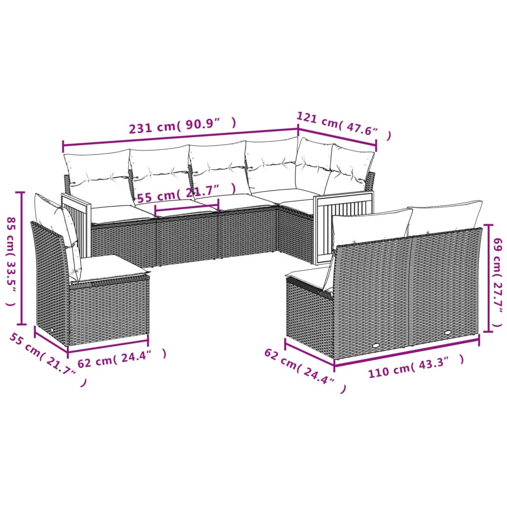 vidaXL Set mobilier de grădină cu perne, 8 piese, negru, poliratan