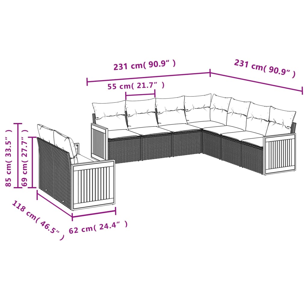 vidaXL Set mobilier de grădină cu perne, 9 piese, negru, poliratan
