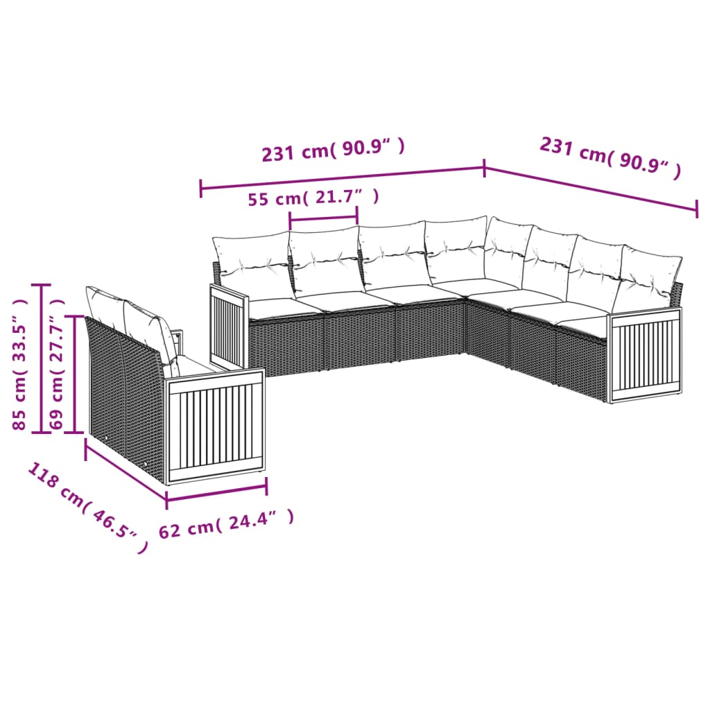 vidaXL Set mobilier de grădină cu perne, 9 piese, negru, poliratan