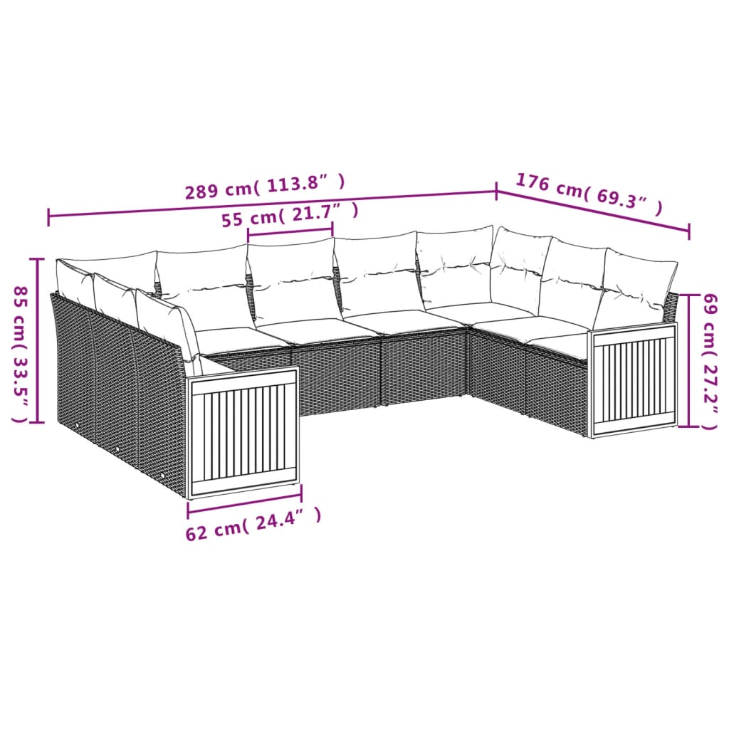 vidaXL Set mobilier de grădină cu perne, 9 piese, negru, poliratan