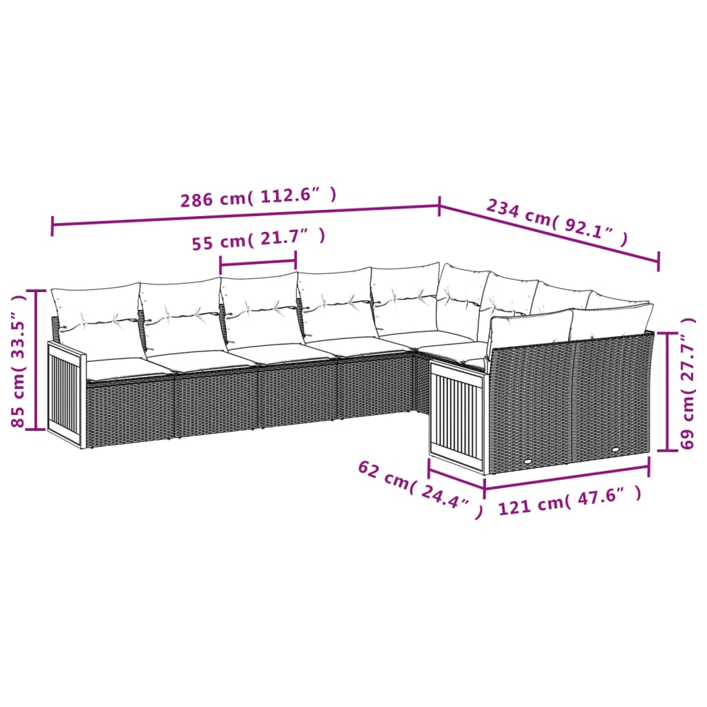 vidaXL Set mobilier de grădină cu perne, 9 piese, negru, poliratan