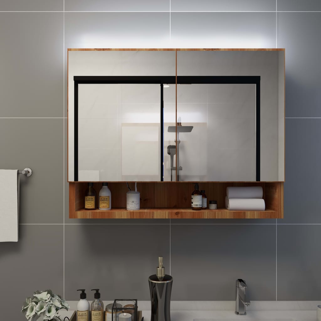 vidaXL Dulap de baie cu oglindă și LED-uri, stejar, 80x15x60 cm, MDF vidaXL Dulap de baie cu oglindă și LED-uri, stejar, 80x15x60 cm, MDF
