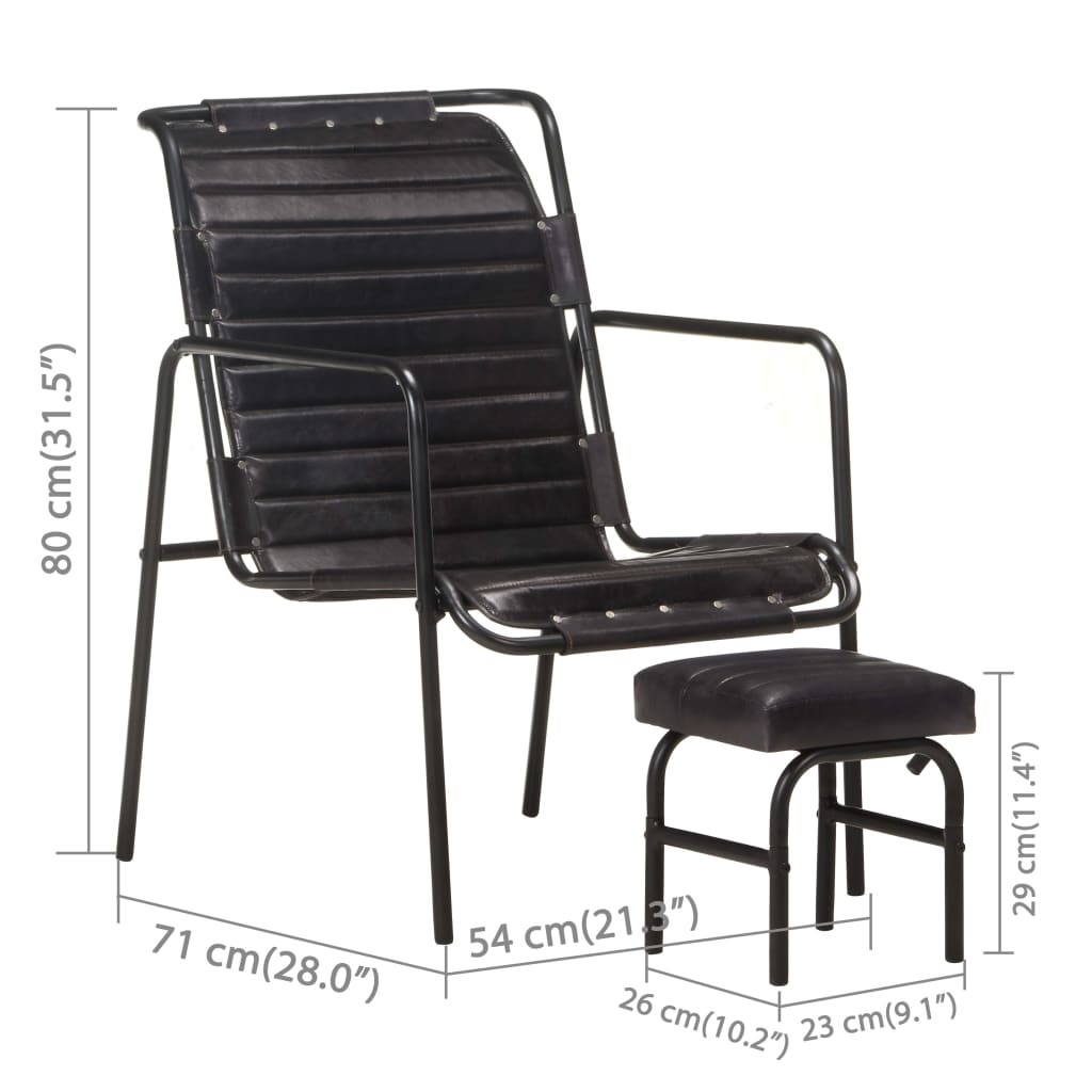 vidaXL Fotoliu de relaxare cu suport picioare, negru, piele naturală vidaXL Fotoliu de relaxare cu suport picioare, negru, piele naturală