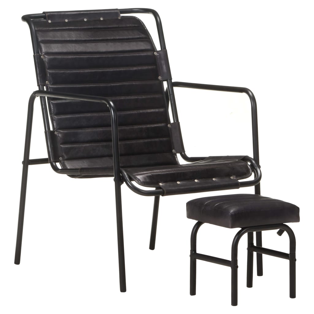 vidaXL Fotoliu de relaxare cu suport picioare, negru, piele naturală vidaXL Fotoliu de relaxare cu suport picioare, negru, piele naturală