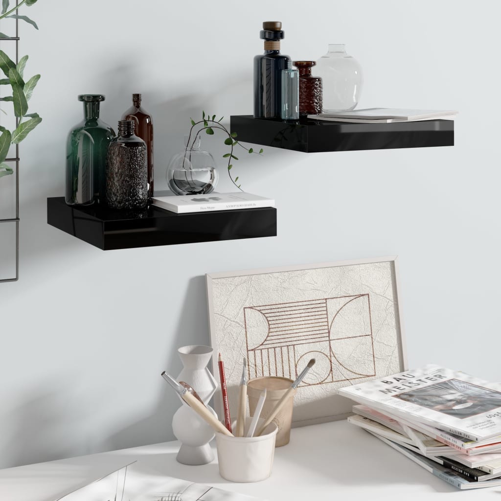 vidaXL Rafturi de perete 2 buc. negru extralucios 23x23,5x3,8 cm, MDF vidaXL Rafturi de perete 2 buc. negru extralucios 23x23,5x3,8 cm, MDF