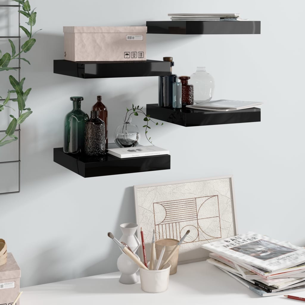 vidaXL Rafturi de perete 4 buc. negru extralucios 23x23,5x3,8 cm, MDF vidaXL Rafturi de perete 4 buc. negru extralucios 23x23,5x3,8 cm, MDF