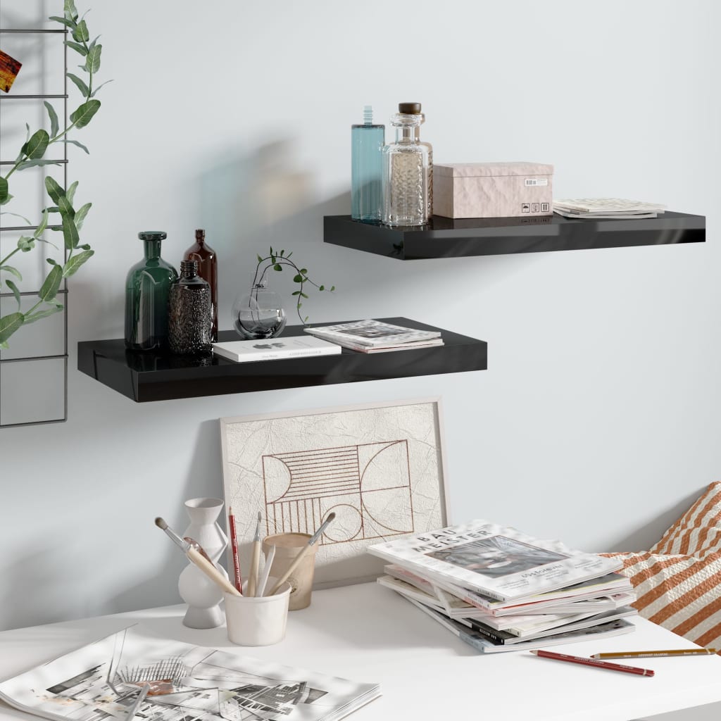 vidaXL Rafturi de perete, 2 buc., negru extralucios, 50x23x3,8 cm, MDF vidaXL Rafturi de perete, 2 buc., negru extralucios, 50x23x3,8 cm, MDF