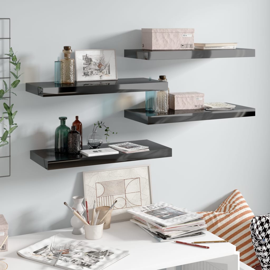 vidaXL Rafturi de perete 4 buc. negru extralucios, 60x23,5x3,8 cm, MDF vidaXL Rafturi de perete 4 buc. negru extralucios, 60x23,5x3,8 cm, MDF