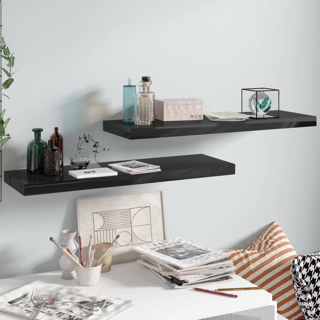 vidaXL Rafturi de perete 2 buc., negru extralucios, 80x23,5x3,8 cm MDF vidaXL Rafturi de perete 2 buc., negru extralucios, 80x23,5x3,8 cm MDF