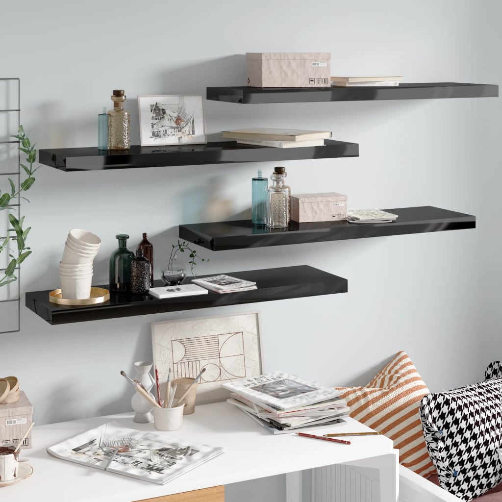 vidaXL Rafturi de perete 4 buc. negru extralucios, 90x23,5x3,8 cm, MDF vidaXL Rafturi de perete 4 buc. negru extralucios, 90x23,5x3,8 cm, MDF