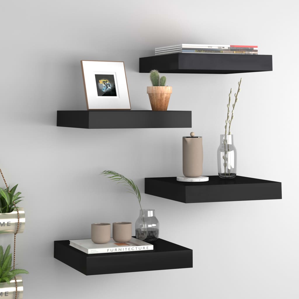 vidaXL Rafturi de perete suspendate, 4 buc., negru, 23x23,5x3,8 cm MDF vidaXL Rafturi de perete suspendate, 4 buc., negru, 23x23,5x3,8 cm MDF