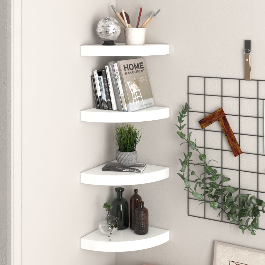 vidaXL Rafturi colț perete, 4 buc., alb extralucios, 25x25x3,8 cm, MDF vidaXL Rafturi colț perete, 4 buc., alb extralucios, 25x25x3,8 cm, MDF