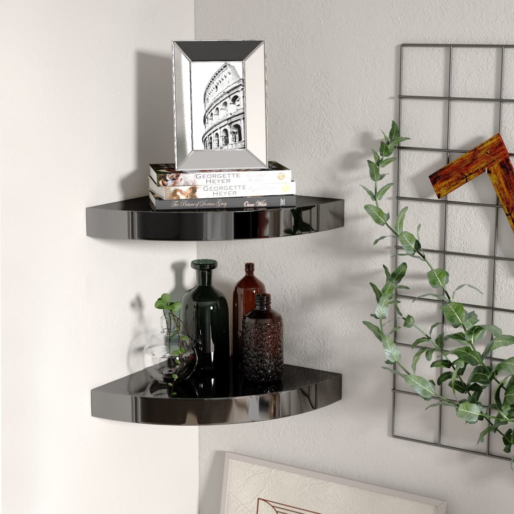 vidaXL Rafturi colț perete, 2 buc., negru extralucios 25x25x3,8 cm MDF vidaXL Rafturi colț perete, 2 buc., negru extralucios 25x25x3,8 cm MDF
