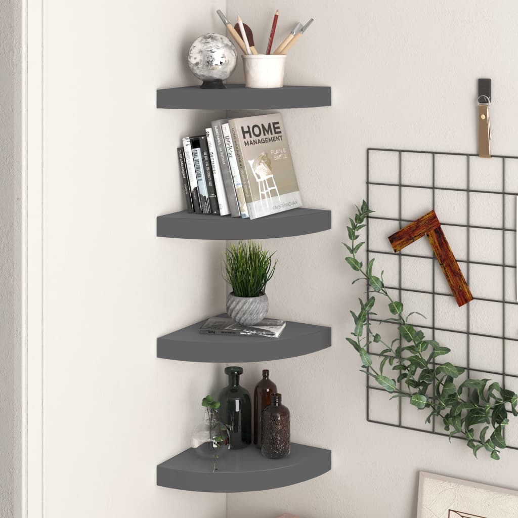 vidaXL Rafturi colț perete, 4 buc., gri extralucios, 25x25x3,8 cm, MDF vidaXL Rafturi colț perete, 4 buc., gri extralucios, 25x25x3,8 cm, MDF