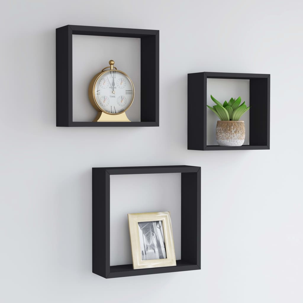 vidaXL Rafturi cub de perete, 3 buc., negru, MDF vidaXL Rafturi cub de perete, 3 buc., negru, MDF