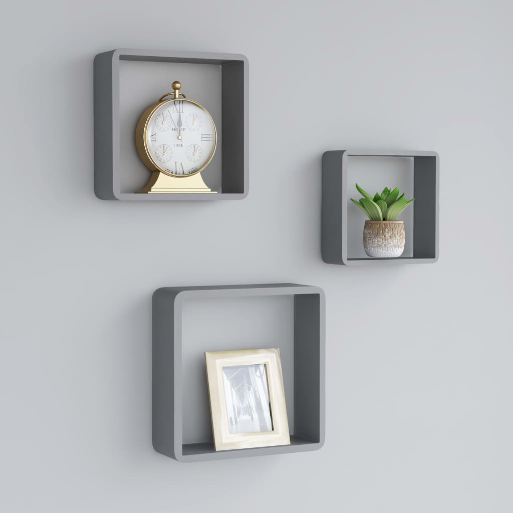 vidaXL Rafturi cub de perete, 3 buc., gri, MDF vidaXL Rafturi cub de perete, 3 buc., gri, MDF