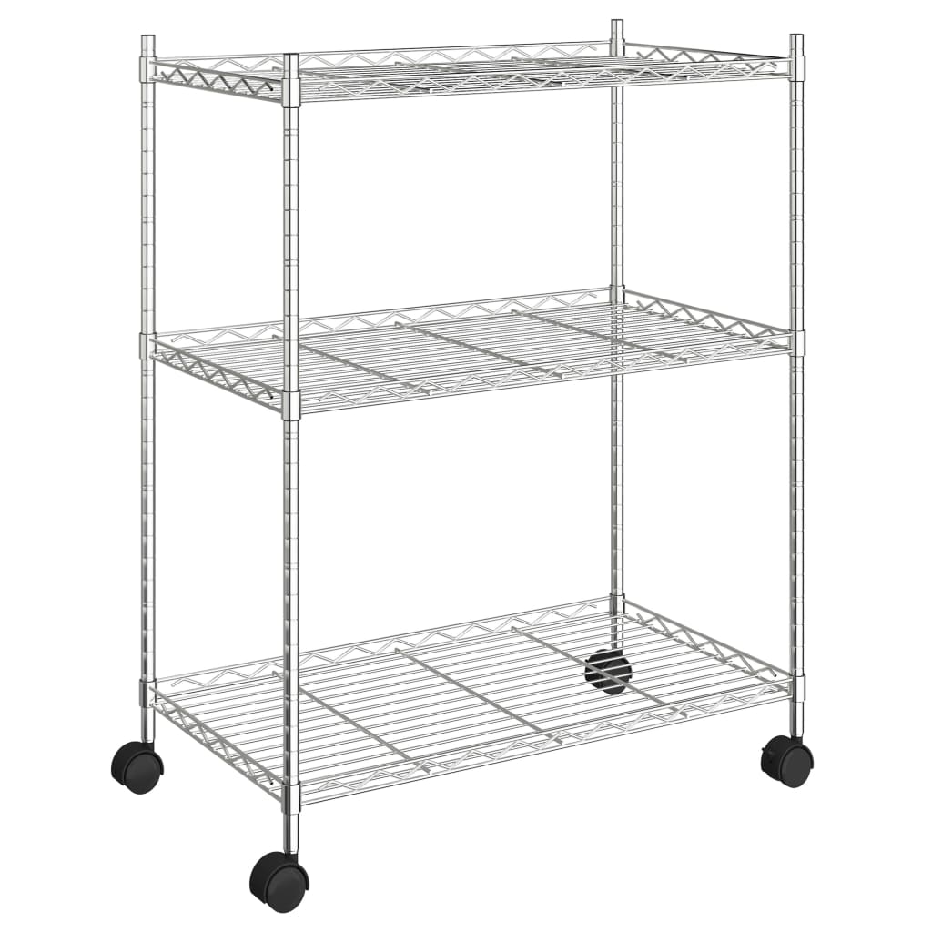 vidaXL Raft depozitare cu roți, 3 niveluri, 60x35x81 cm, crom, 150 kg vidaXL Raft depozitare cu roți, 3 niveluri, 60x35x81 cm, crom, 150 kg