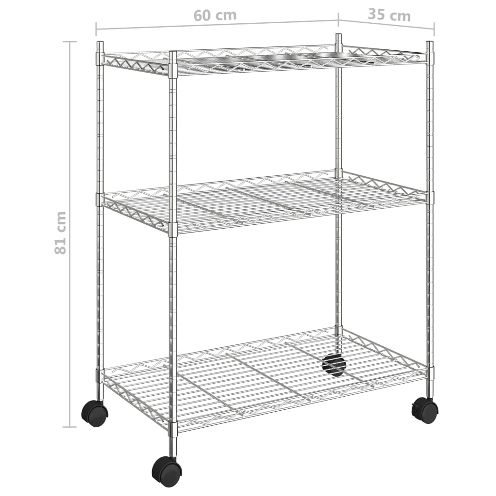 vidaXL Raft depozitare cu roți, 3 niveluri, 60x35x81 cm, crom, 150 kg vidaXL Raft depozitare cu roți, 3 niveluri, 60x35x81 cm, crom, 150 kg