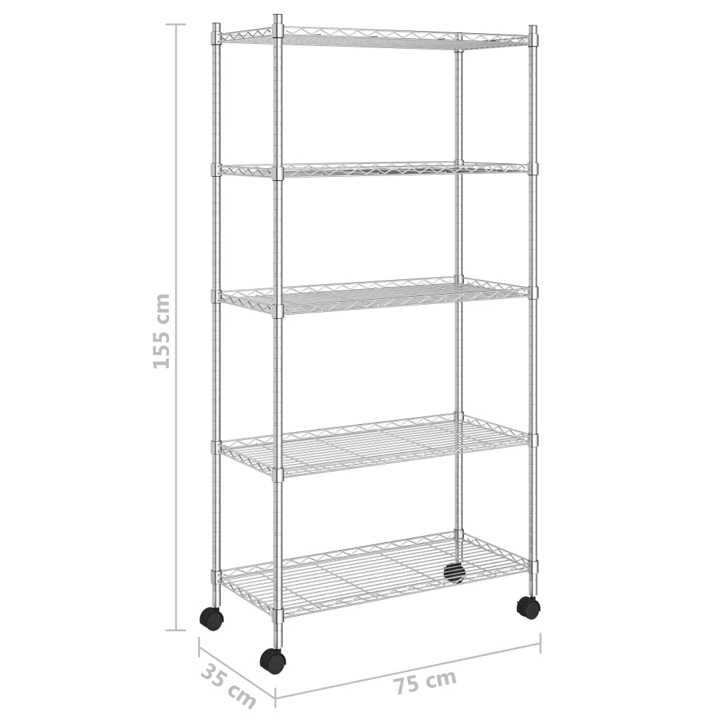 vidaXL Raft depozitare cu roți, 5 niveluri, 75x35x155 cm, crom, 250 kg vidaXL Raft depozitare cu roți, 5 niveluri, 75x35x155 cm, crom, 250 kg