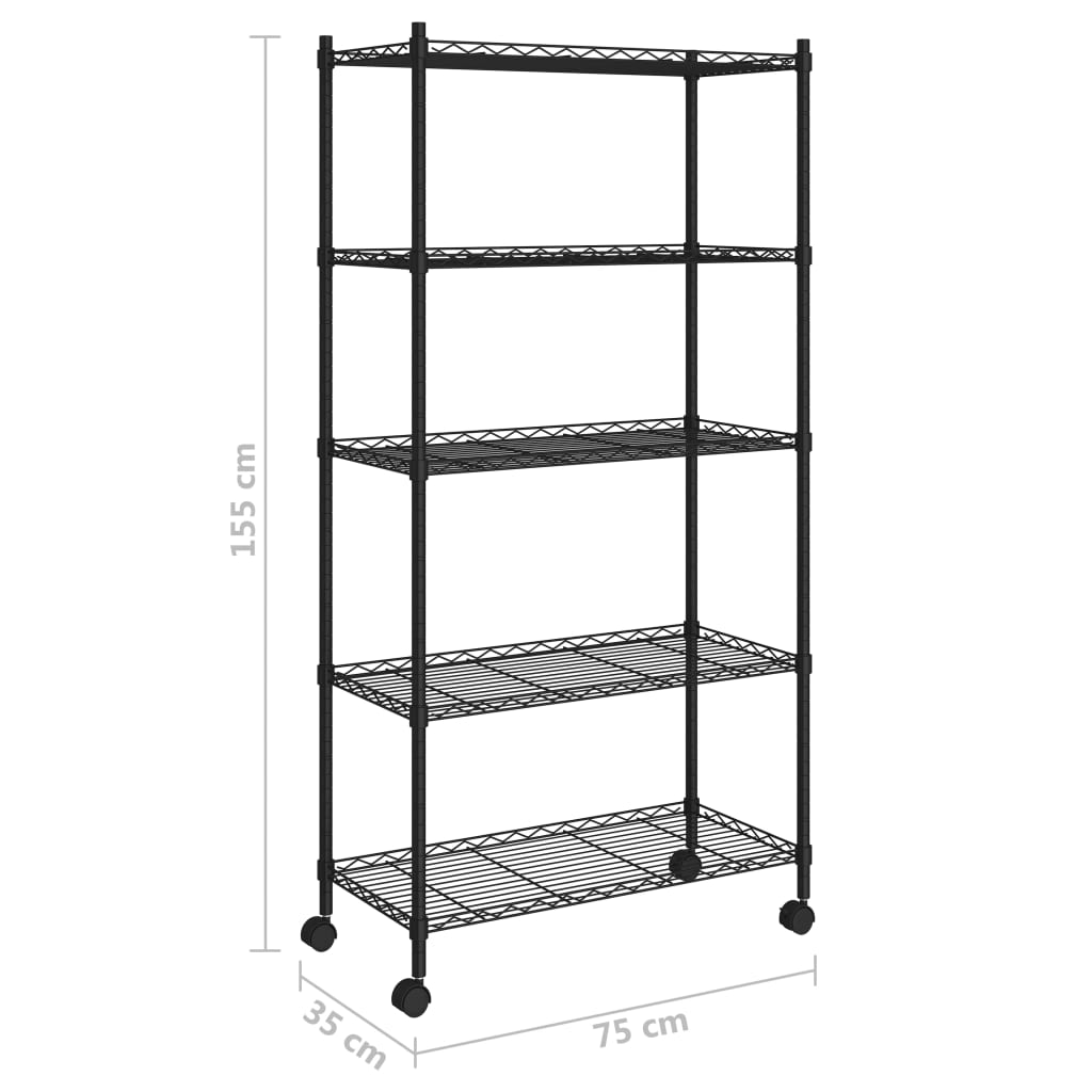 vidaXL Raft depozitare cu roți 5 niveluri negru 75x35x155 cm 250 kg vidaXL Raft depozitare cu roți 5 niveluri negru 75x35x155 cm 250 kg