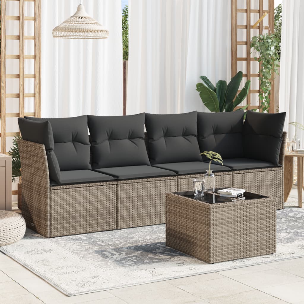 vidaXL Set canapea de grădină cu perne, 5 piese, gri, poliratan vidaXL Set canapea de grădină cu perne, 5 piese, gri, poliratan