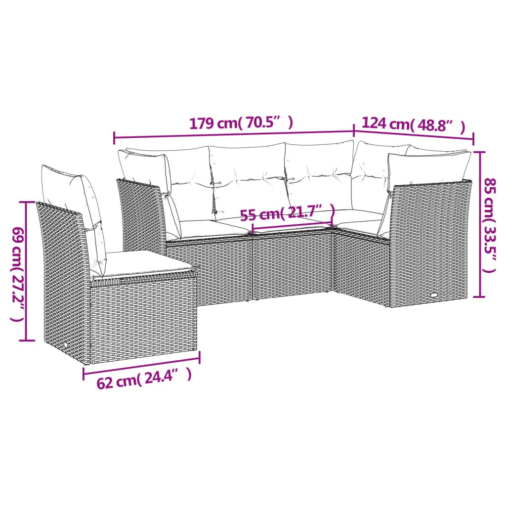 vidaXL Set canapea de grădină cu perne, 5 piese, gri, poliratan vidaXL Set canapea de grădină cu perne, 5 piese, gri, poliratan
