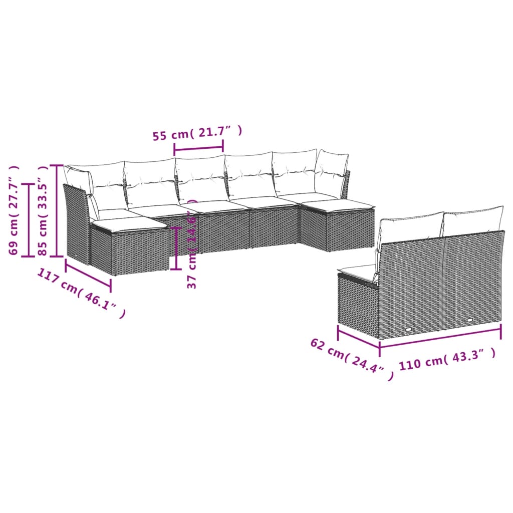vidaXL Set mobilier de grădină cu perne, 9 piese, negru, poliratan