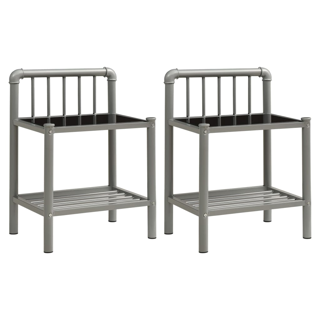 vidaXL Noptiere, 2 buc., gri și negru, metal și sticlă vidaXL Noptiere, 2 buc., gri și negru, metal și sticlă
